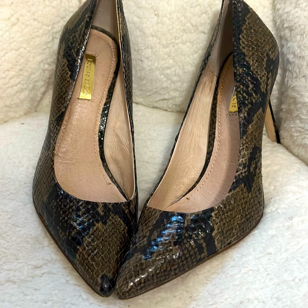 Olive and black snake skin heels